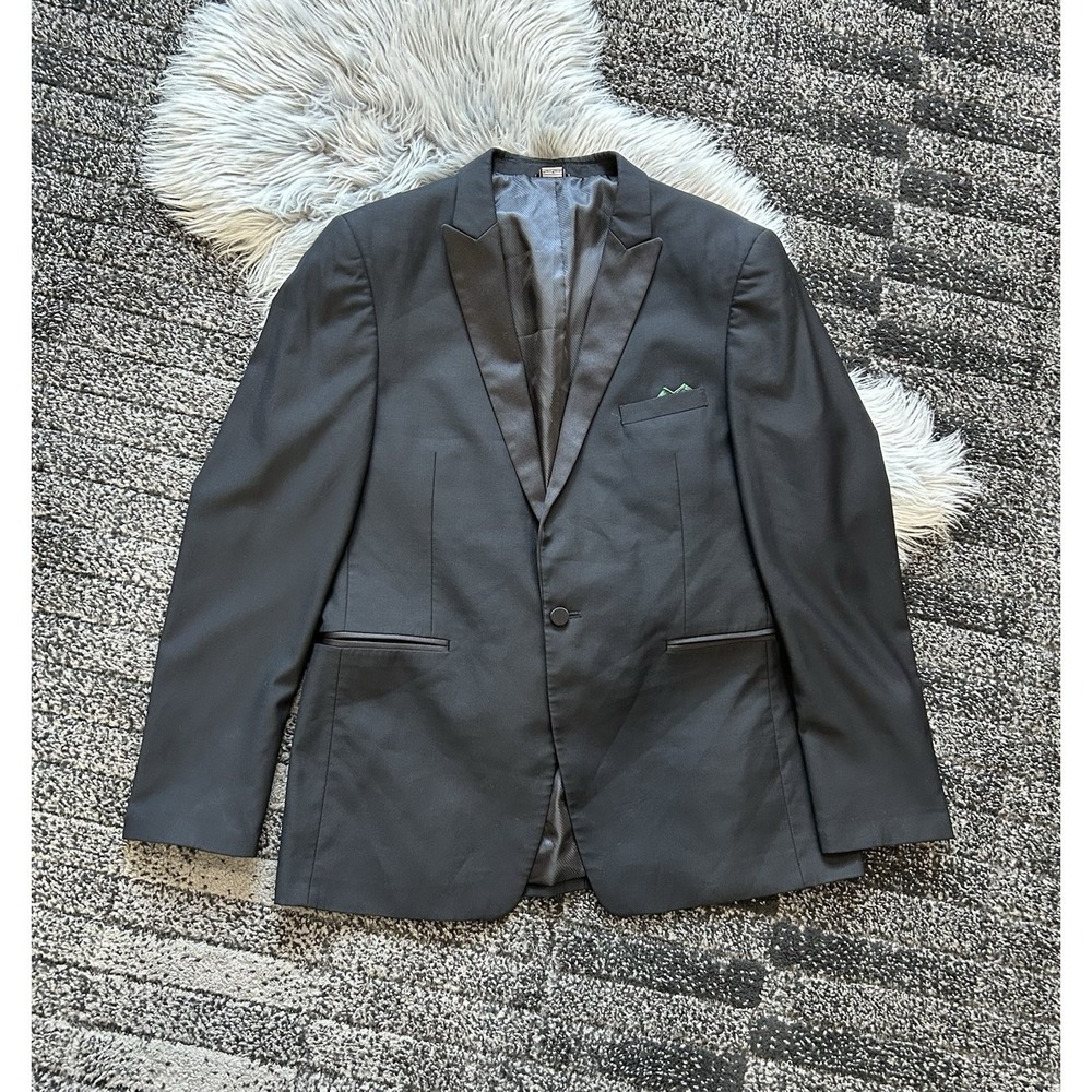 Super 140s Merino‎ Wool Tux Suit Jacket Men's 44L Slim Black One Button Wedding